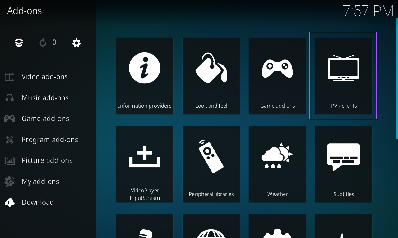 Kodi select PVR Clients
